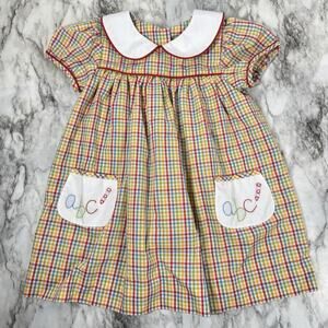 Shrimp & Grits Girls 4T School Dress Primary Colors Plaid Embroidered Crayon ABC